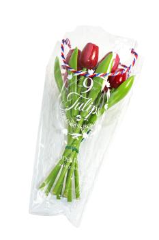 Tulip bouquet made of wood - 9 hand-painted wooden tulips, 34 cm tall, red/white, wooden flower decoration, made in Holland